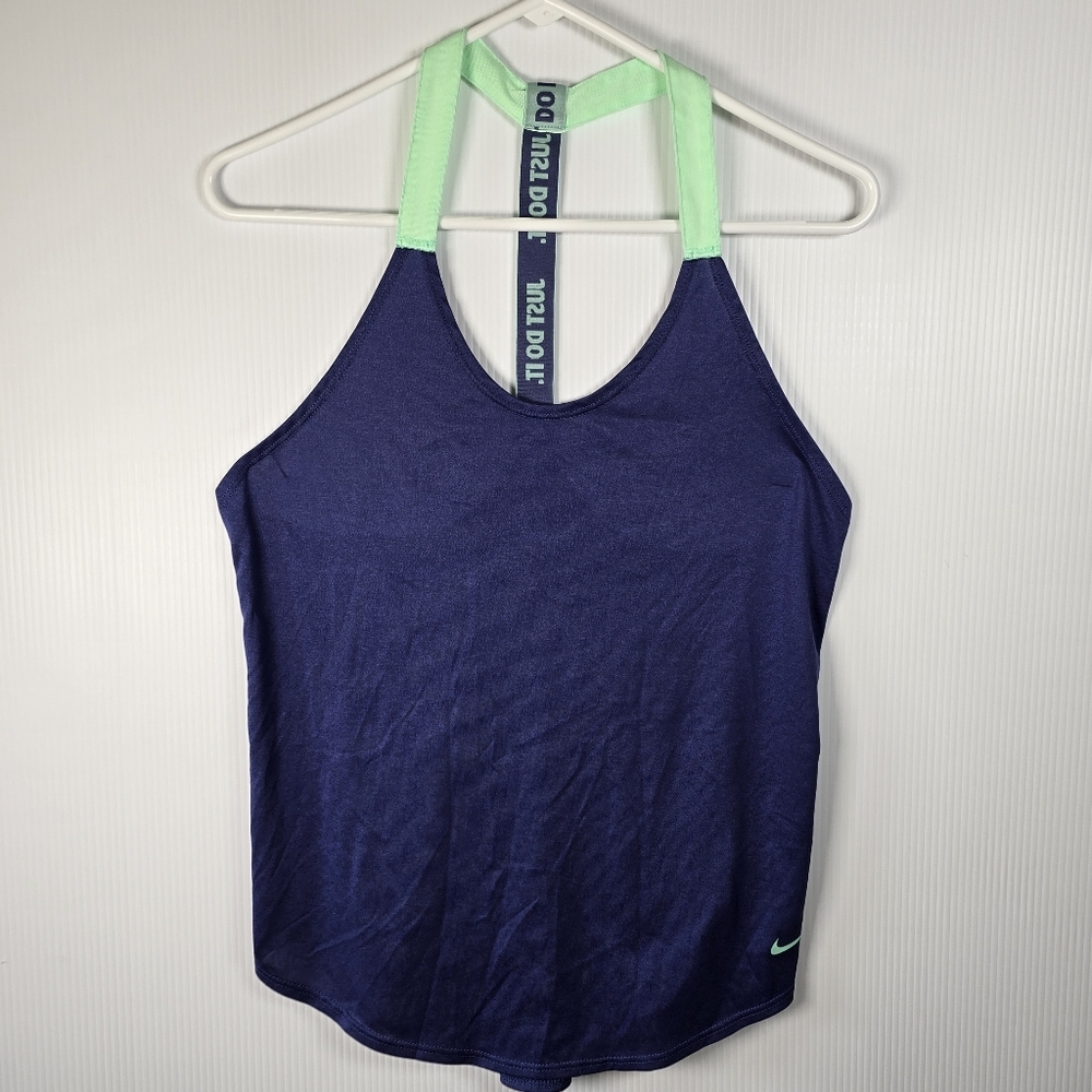Nike Women's Blue and Green Dri-FIT Elastika Tank Top Bright Green Straps Size S